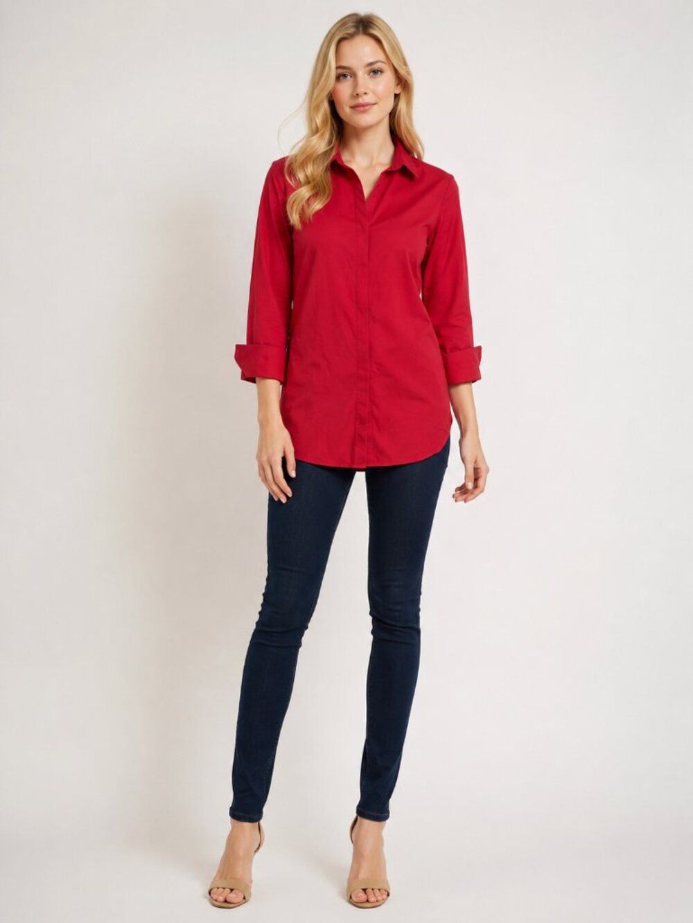 2/$30 Chico's No Iron Button-Down Tunic Shirt Roll Tab Red 4 #A4123